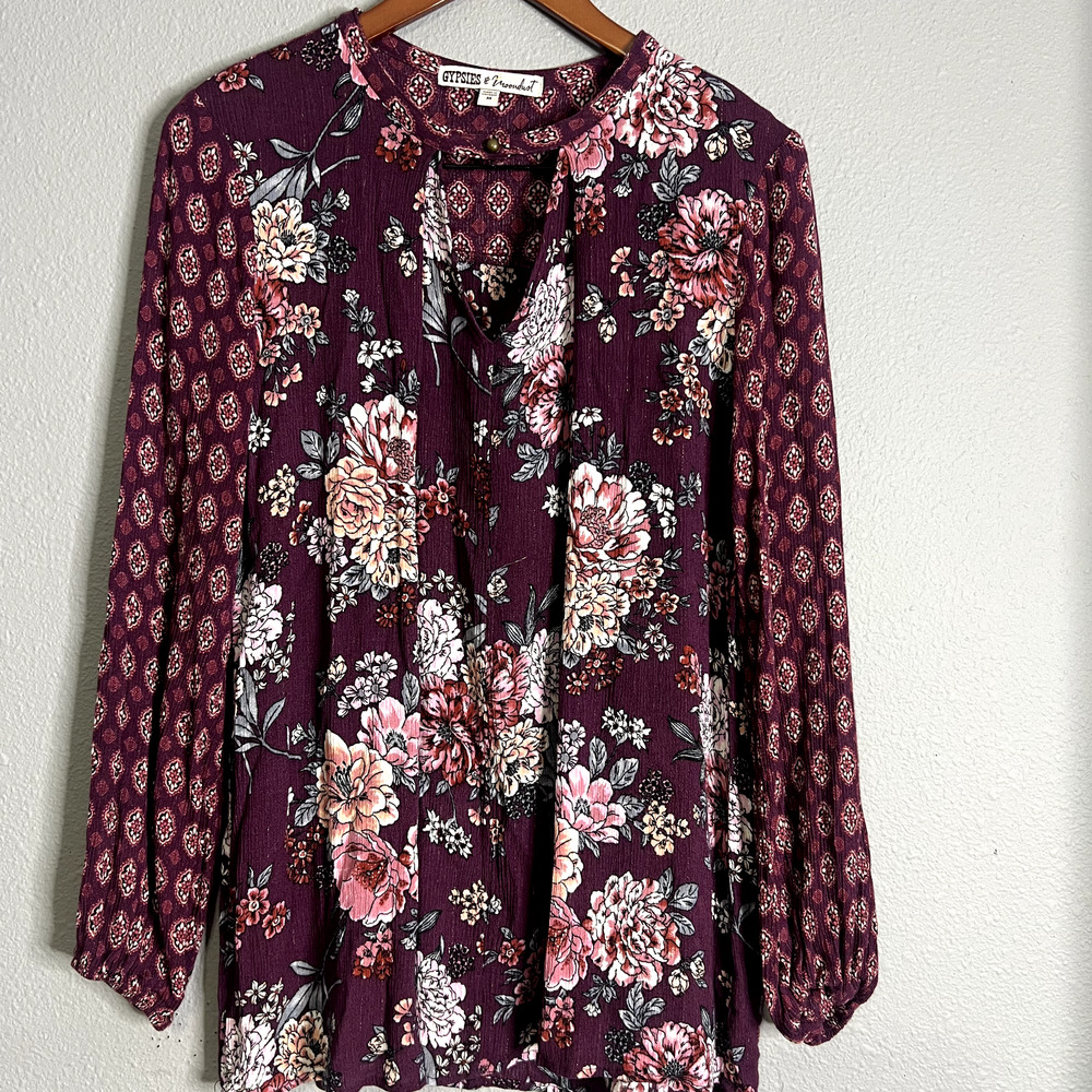 Gypsies & Moondust Womens Size M Floral Patchwork Mixed Media Keyhole Flowy BOHO